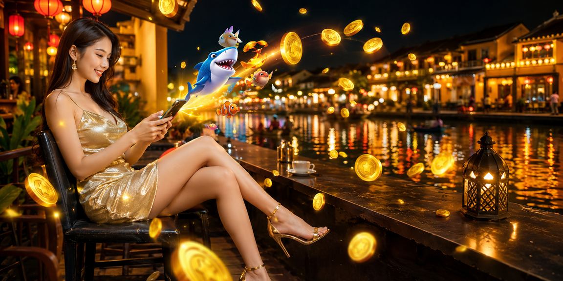 Người dùng thư giãn tại Hội An với ly cà phê và trải nghiệm game trực tuyến